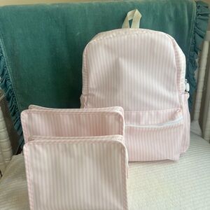 TRVL pale pink stripe backpack and roadie set, NWOT